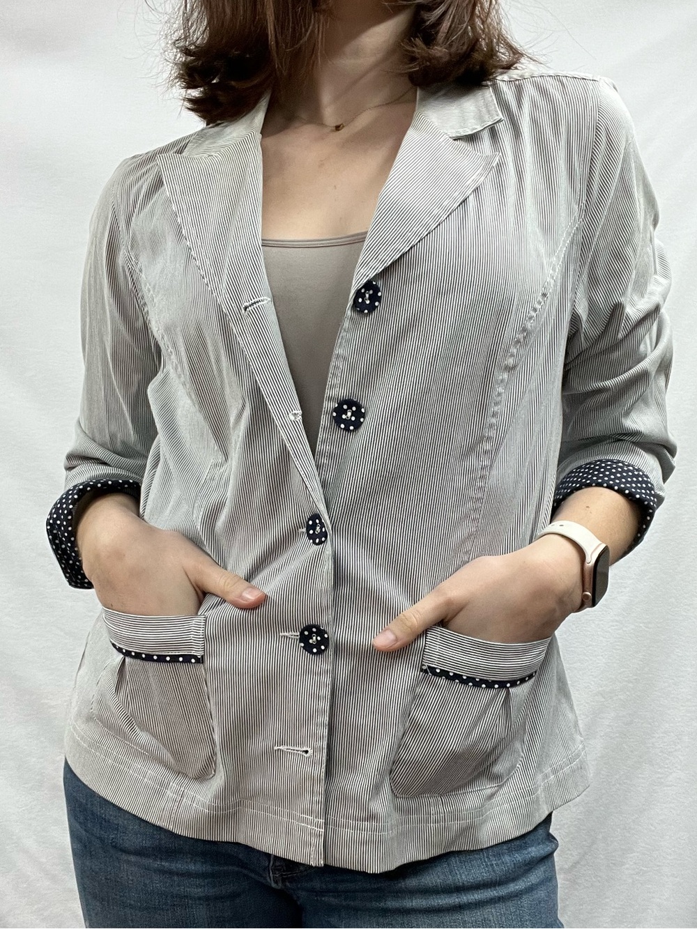 Christopher & Banks Light Gray Pinstripe Blazer with Navy Polka-Dot Trim